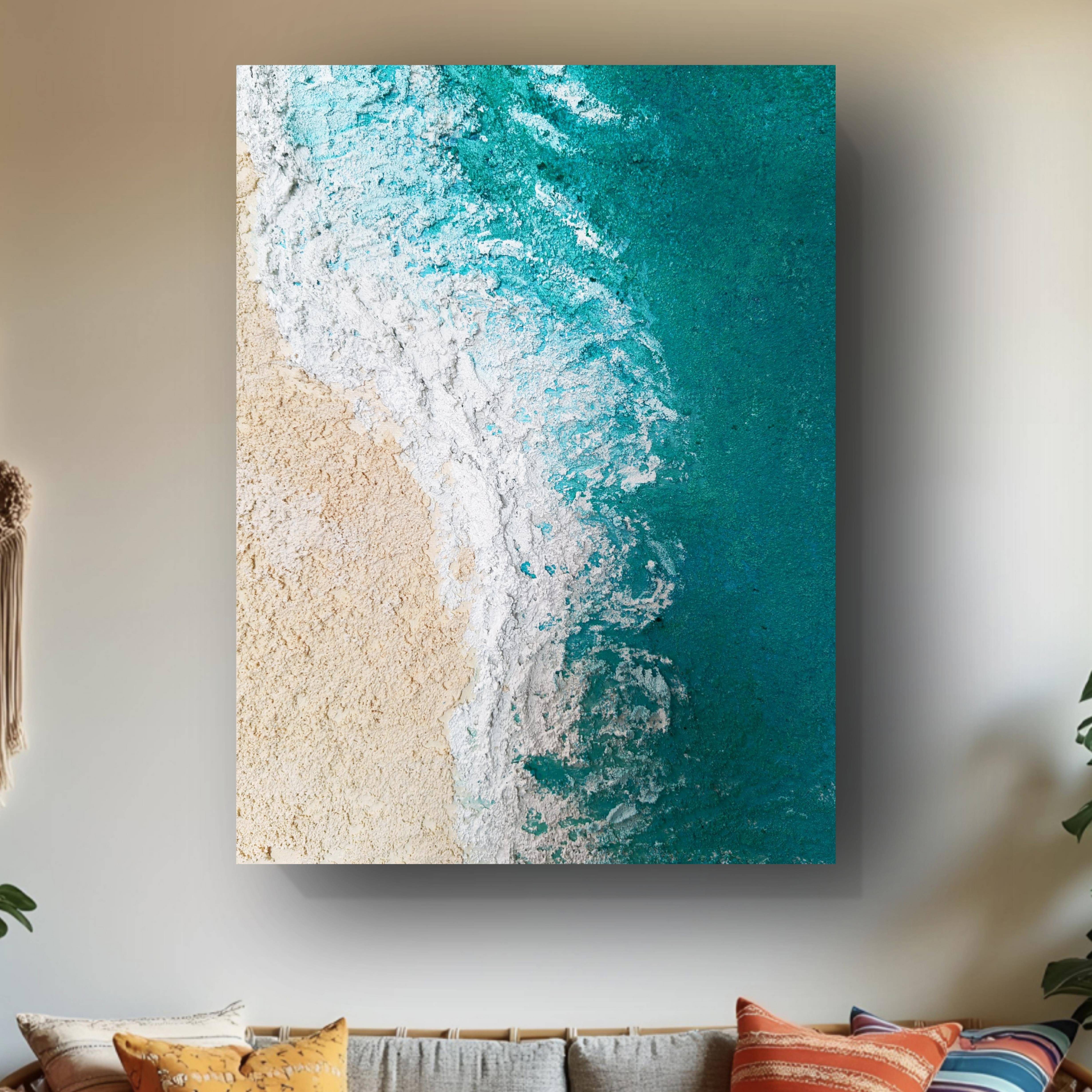 新款百搭肌理画海浪手绘油画意式极简沙滩装饰画客厅玄关砂岩挂画图片