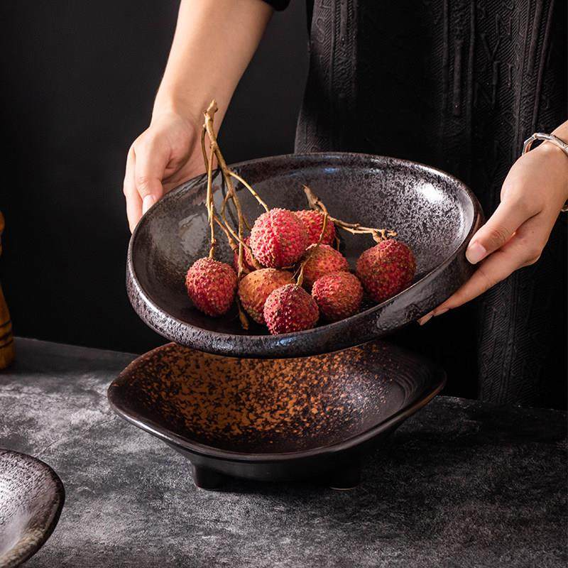 覆古三角窑转甜点盘陶瓷大容量釉点水平图案家庭餐厅水果小吃桌面,餐饮具,果盆/果盘/果篮,淘宝优惠券,粉丝福利购,淘宝优惠卷