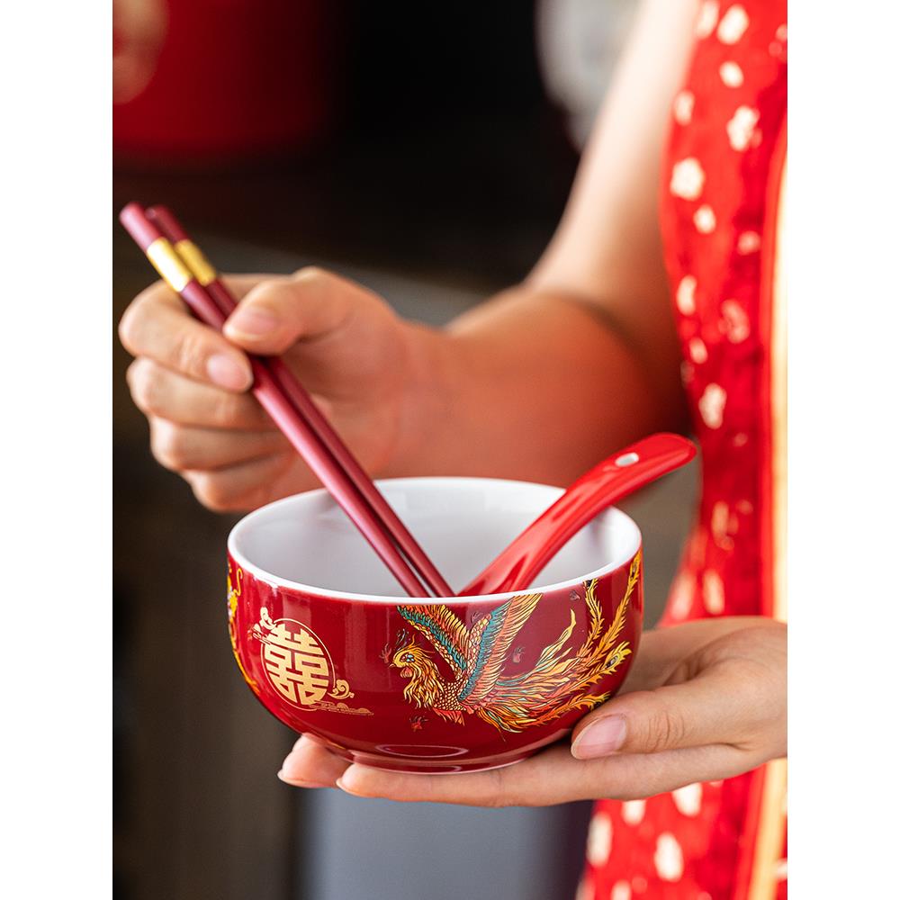 喜碗新人结婚碗筷套装一对红色面碗甜汤夫妻碗婚礼物婚庆陪嫁用品