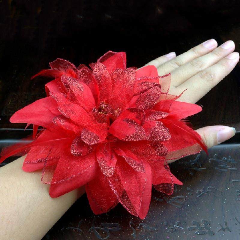 元旦手花舞蹈演出儿童手腕花头饰朝鲜红色发卡头花羽毛可爱女童花