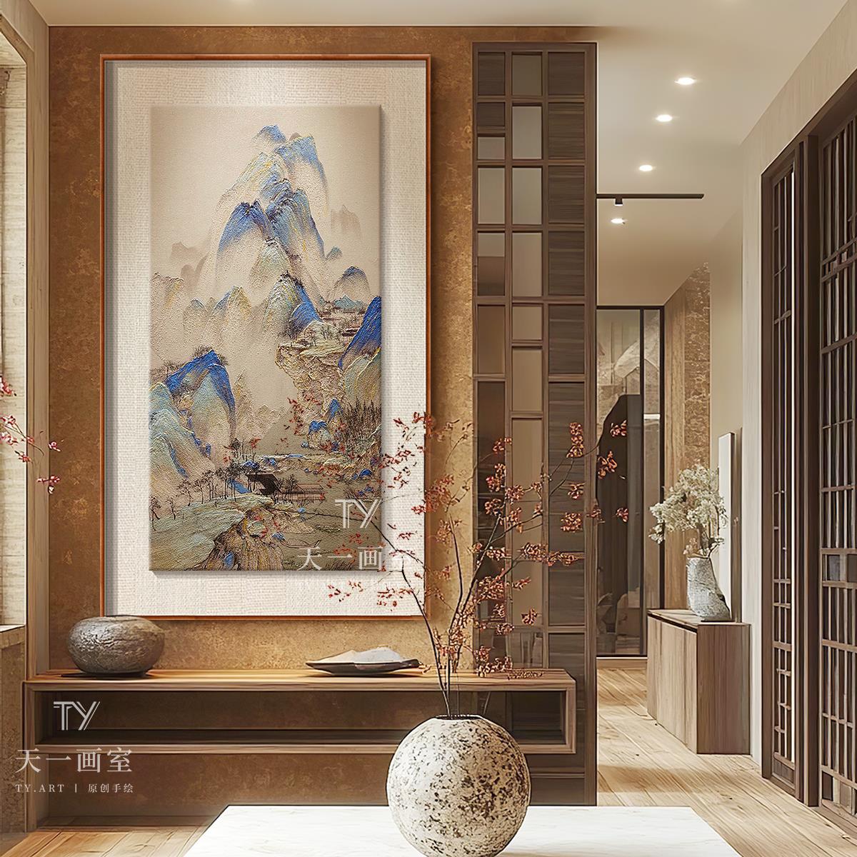 千里江山图肌理纯手绘油画新中式玄关装饰画立体浮雕砂岩客厅挂画图片