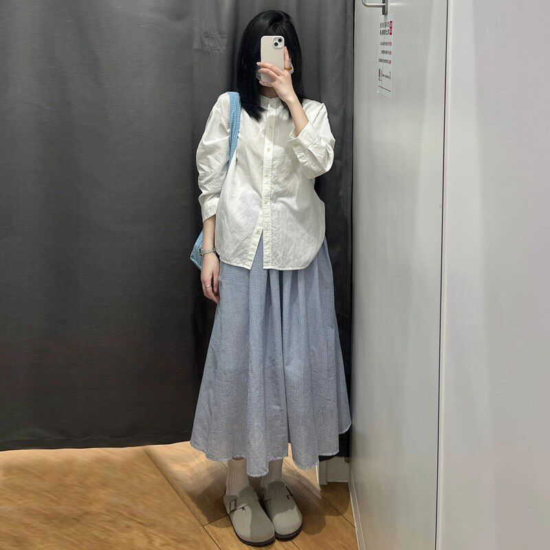 自制日系竖条纹肌理感半身裙女夏季梨形身材法式气质中长款a字裙