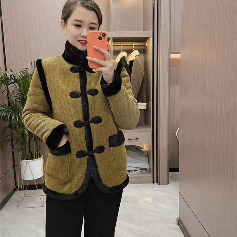 时尚气质女式加绒棉服外套民族风盘扣棉袄妈妈装立领休闲保暖棉衣