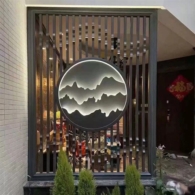 新中式圆形不锈钢假山屏风隔断带灯背I景墙户外庭院景墙玄关装饰