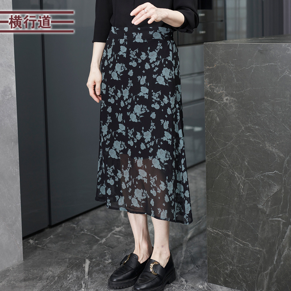 2024夏季新款淑女碎花中长款雪纺松紧半身裙韩版简约外穿大码女装