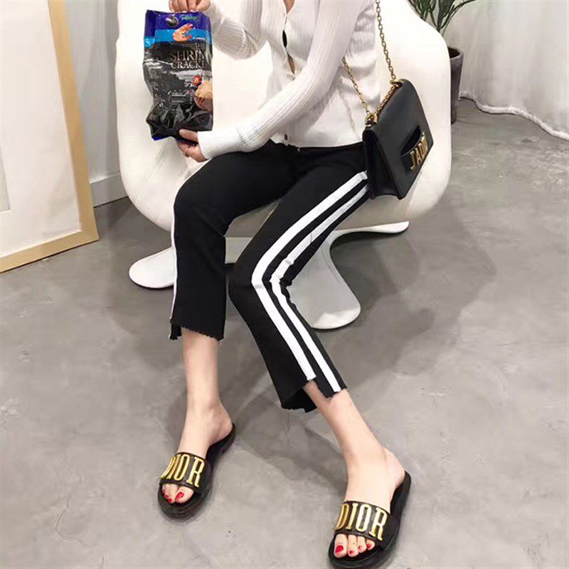 小个子黑色高腰垂感弹力微喇叭裤九分夏季薄款运动直筒白条打底裤