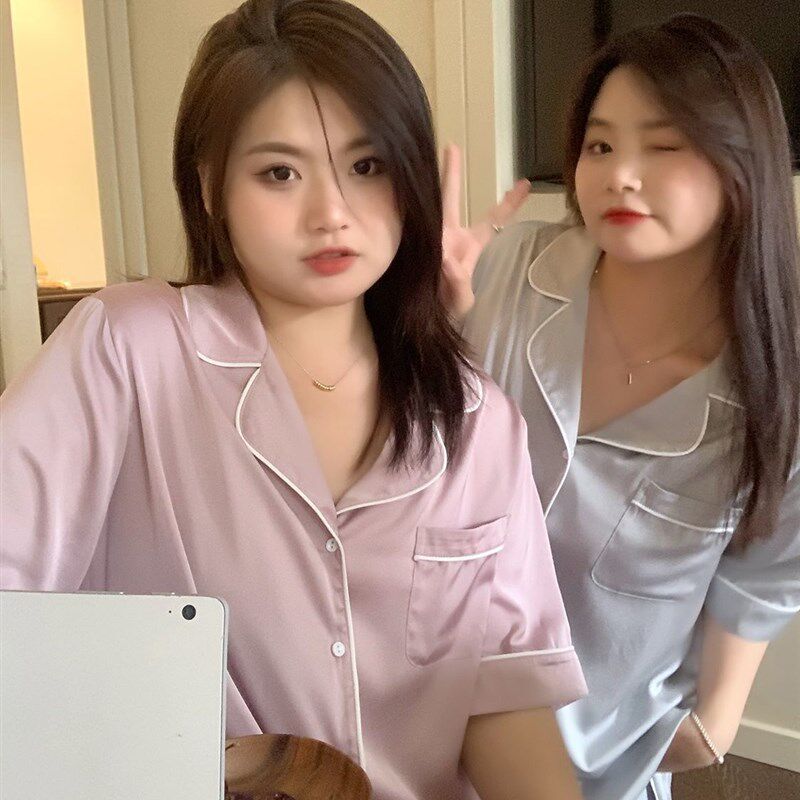 胖mm特大码缎面短袖睡衣女宽松2-300斤薄款可外穿家居服短袖套装