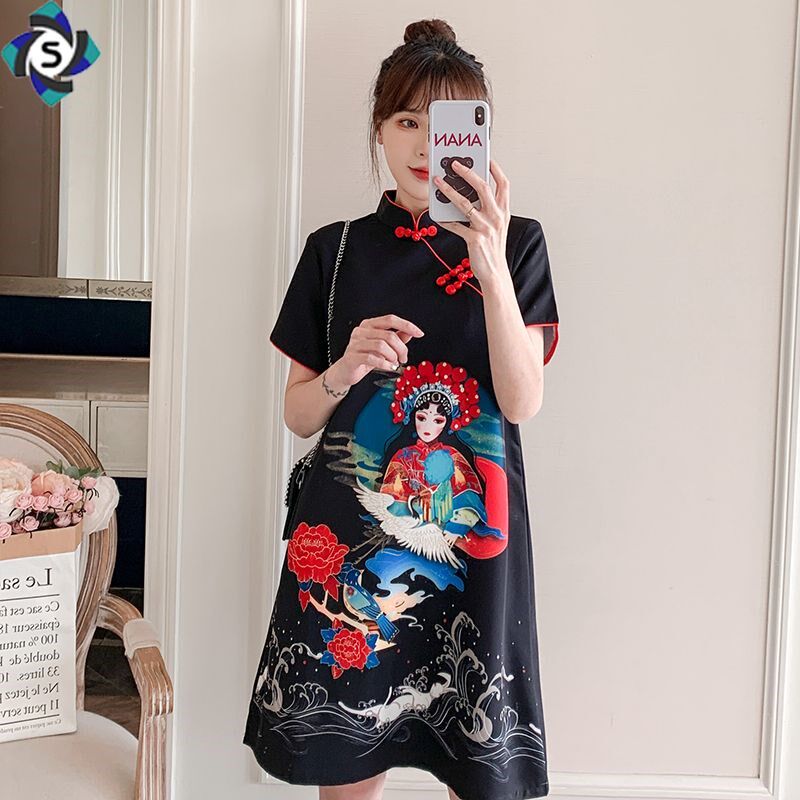 年轻款旗袍大码显瘦女装夏国风京剧印花宽松遮肉日常改良版连衣裙