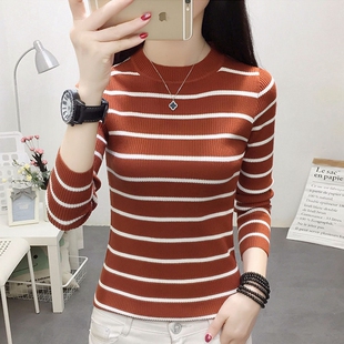 2020秋季 新款 韩版 修身 毛衣女装 打底衫 条纹圆领套头针织衫 潮 女长袖