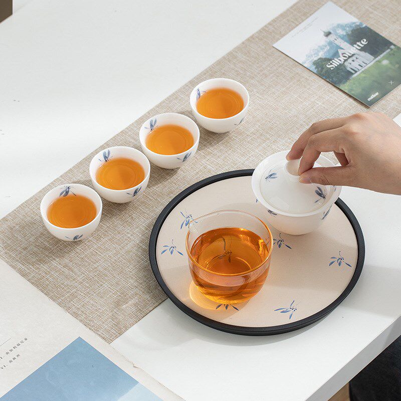 羊脂玉白瓷便携i式旅行茶具泡茶盖碗一壶4杯套装带吸水茶盘