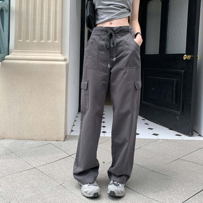夏季薄款工装裤防晒裤炭灰色休闲裤女长裤抽绳纯棉直筒阔腿松紧腰