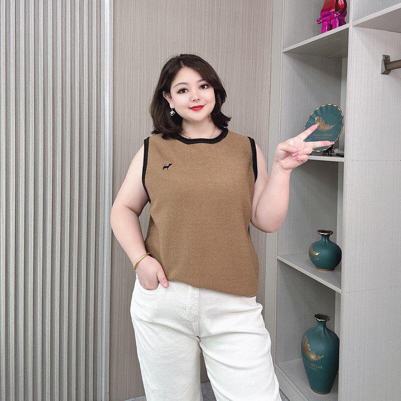 秋季新款大码女装胖mm拼色刺绣圆领坎肩宽松显瘦休闲针织马甲背心