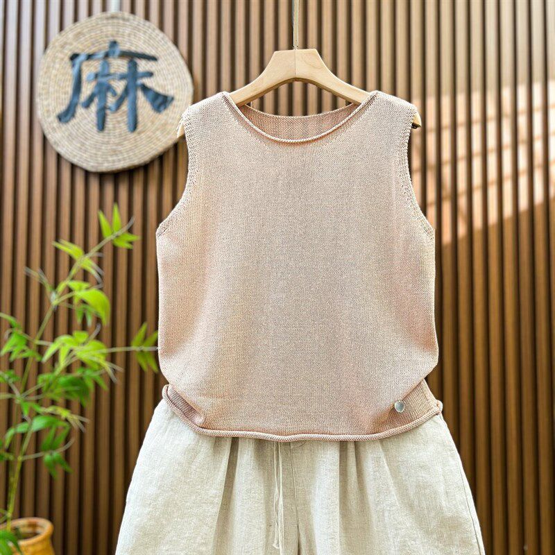 时尚亚麻针织马甲小背心女外穿夏季薄款宽松大码无袖套头上衣短款