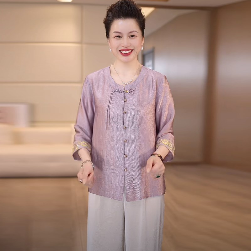 中年妈妈夏装衬衣套装2025新款洋气中老年女装国风上衣裤子两件套