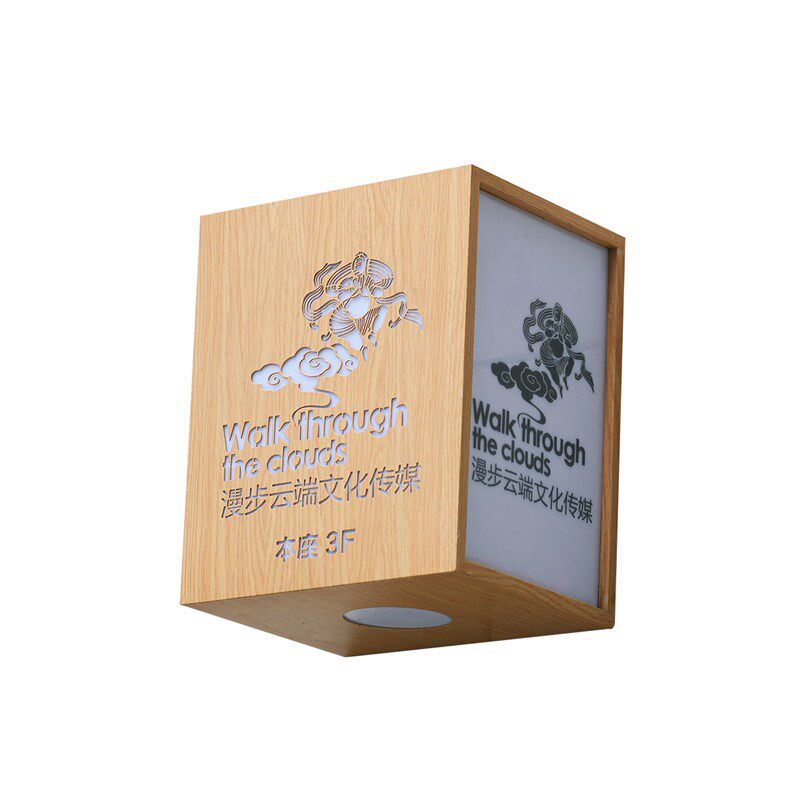 木纹双面广e告牌贴墙侧挂灯箱不锈钢镂空三面发光底部投影灯免打