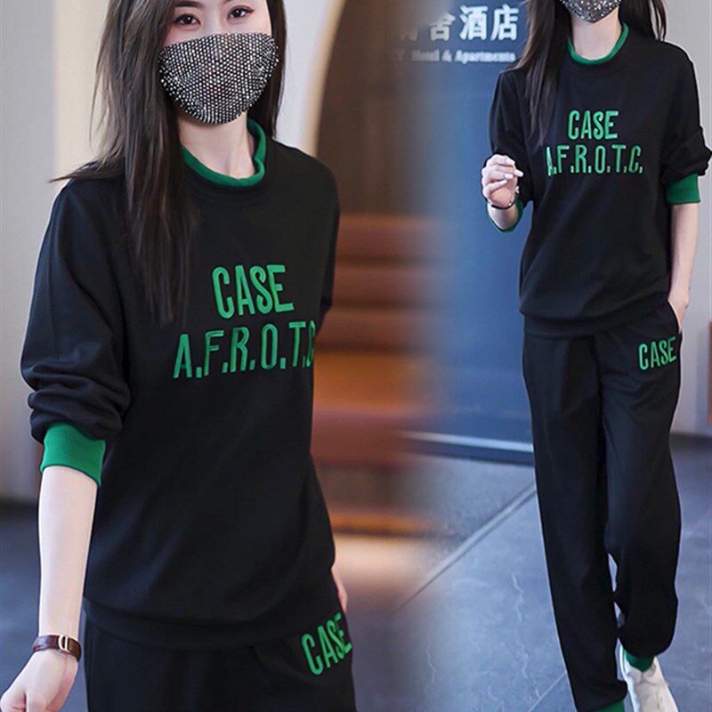 秋季针织运动衫裹腹衫中老年长袖裤大码女性宽松修身套装两