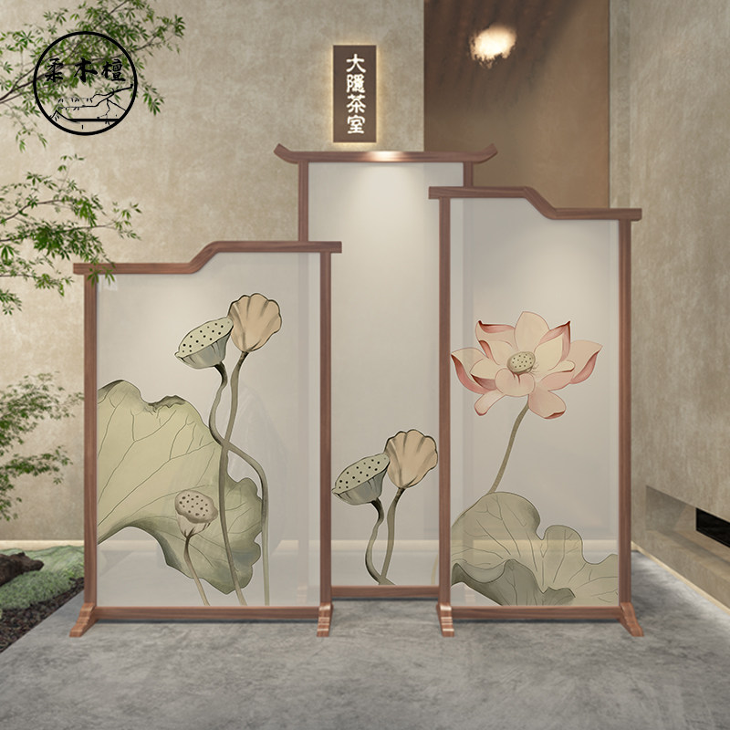 新中式屏风隔断h客厅现代简约实木定制带灯茶室酒店办公室遮挡座
