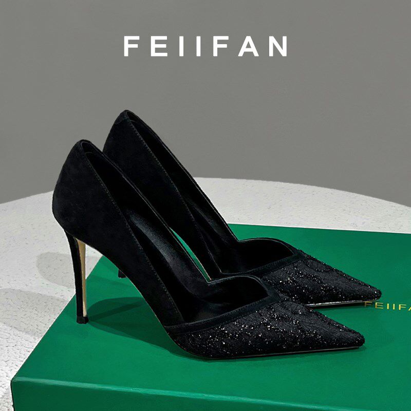 黑色蕾丝高跟鞋2024春秋新款女士细跟不累脚水钻法式绝美尖头单鞋