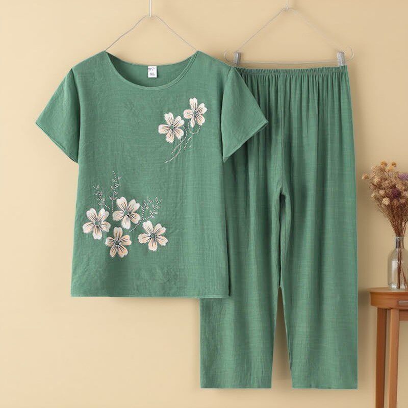 妈妈夏装短袖棉麻套装中老年女装洋气夏天衣服两件套薄款2025新款