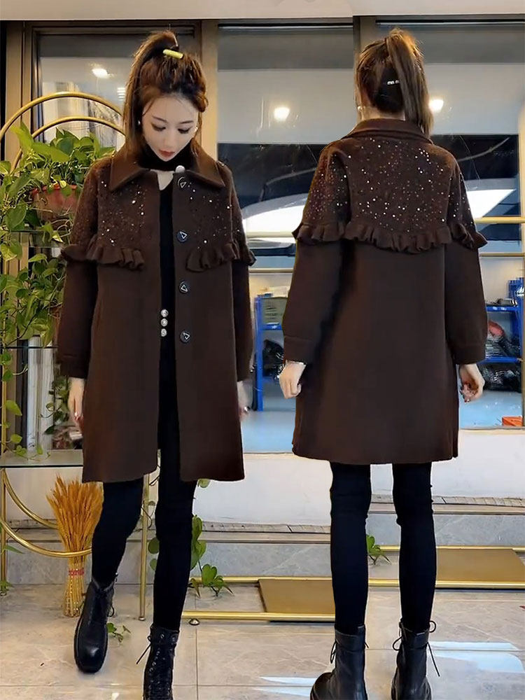 秋冬新款大衣灯笼袖荷叶边女中长款小个子外套洋气外套女春秋宽松