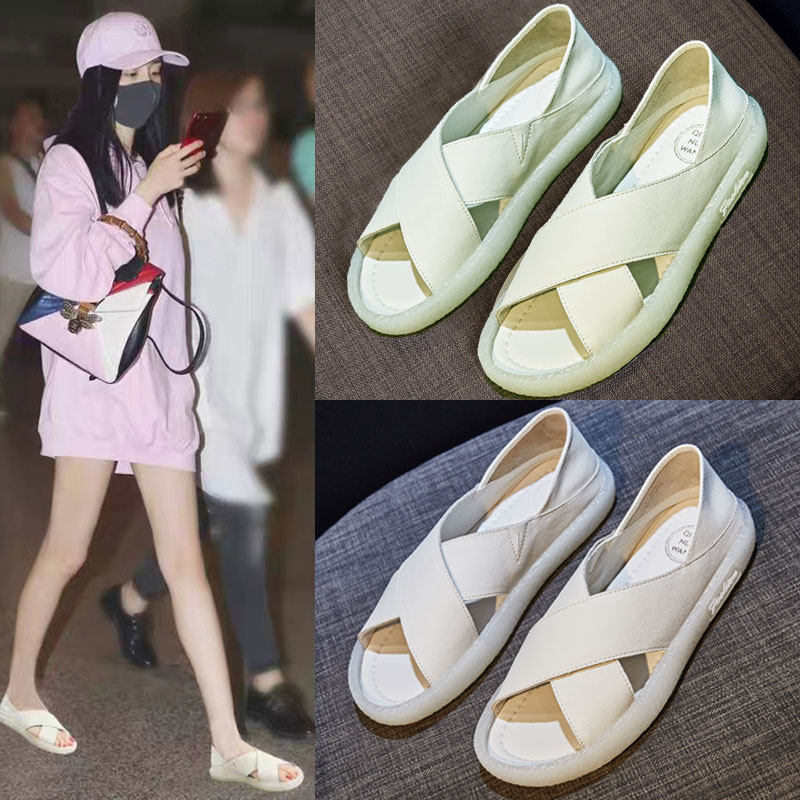 真皮凉鞋女2021年新款夏季百搭果冻底凉拖鞋女外穿平底孕妇大码鞋