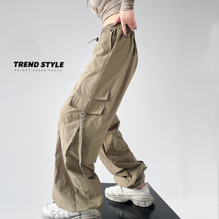 小个子美式 女夏薄款 高腰宽松显瘦运动降落伞阔腿 裤 军绿色速干工装