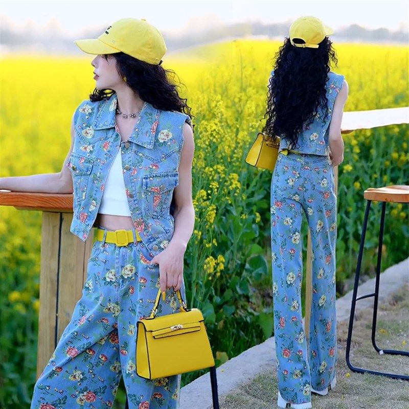 时尚小清新碎花牛仔套装女夏季新品短款无袖上衣窄腿阔脚裤两件套