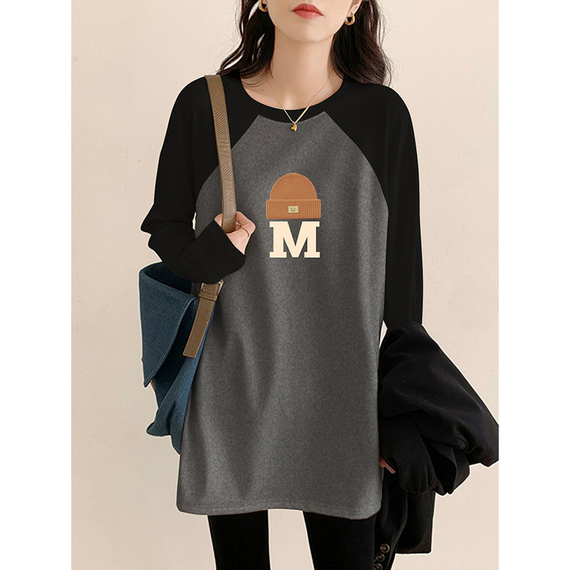 欧货纯棉长袖t恤女秋2024年新款宽松中长款遮屁股上衣大码打底衫