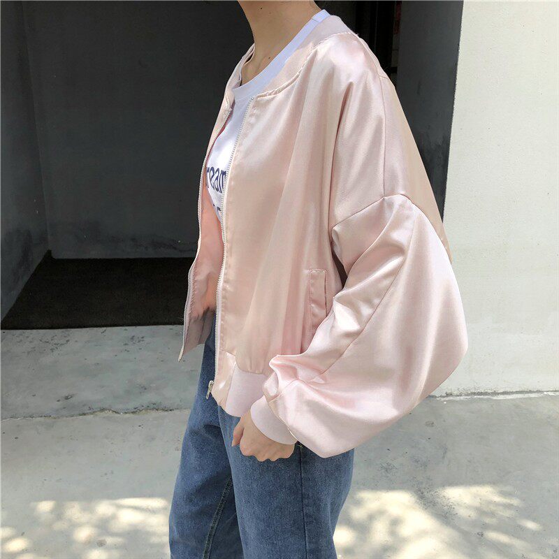 汪小沫 粉色字母刺绣棒球服立领短外套春秋韩版学院风宽松口袋女