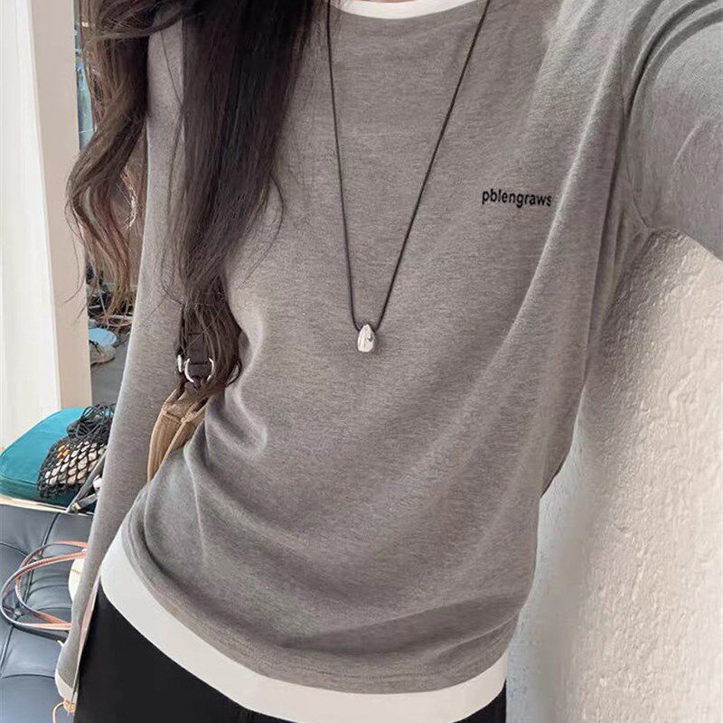 早秋正肩假两件纯棉长袖t恤女2025新款时尚百搭圆领上衣打底衫潮