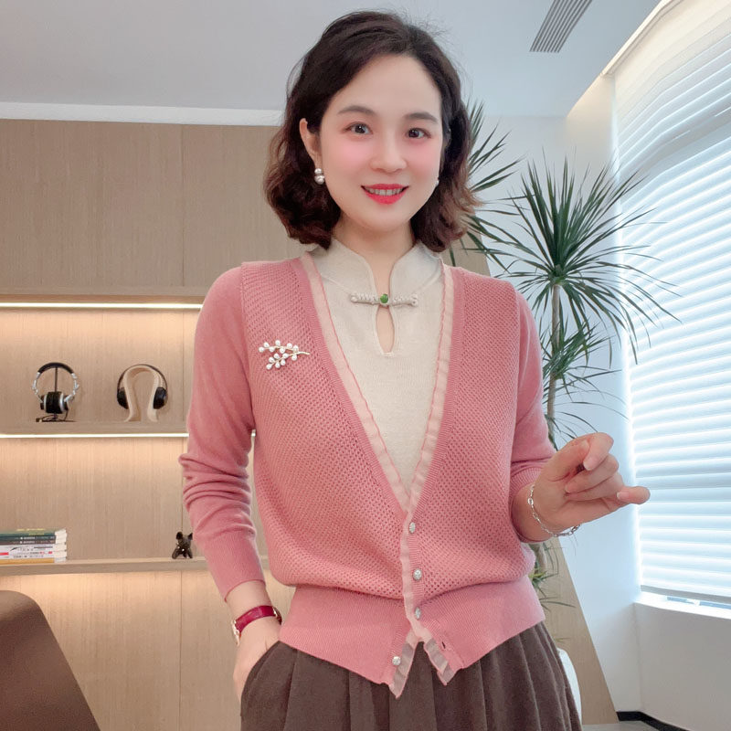 吕木女秋款羊毛衫假两件针织衫女旗袍领短款打底衫毛衣#DQ6139