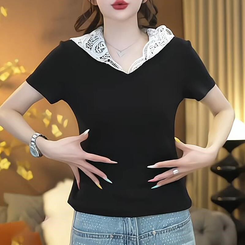 韩版温柔风洋气减龄蕾丝拼接连帽短袖T恤女百搭新款甜美上衣潮