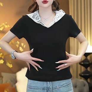 韩版温柔风洋气减龄蕾丝拼接连帽短袖T恤女百搭新款甜美上衣潮