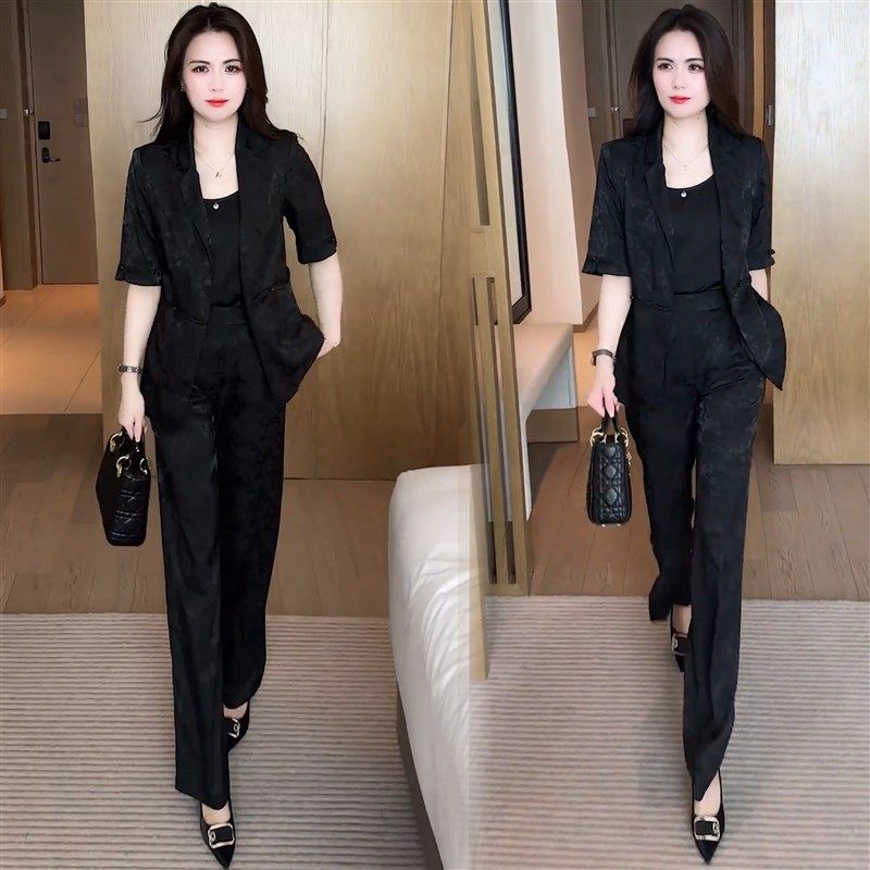 中式盘扣西装套装女2025夏季新款气质显瘦西装外套阔腿裤三件套潮