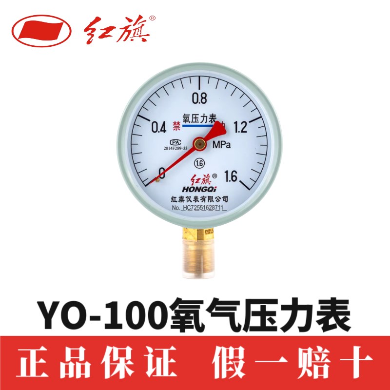 红旗仪表YO100氧气压力表禁油 1MPA径向各种气体不锈钢 优质 人气