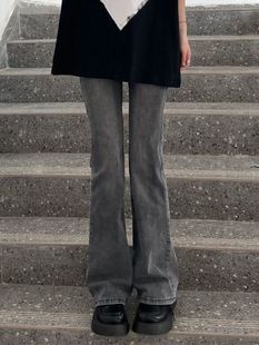 显瘦胖mm裤 春秋高腰大码 子潮 女2024年新款 黑灰色高街微喇叭牛仔裤