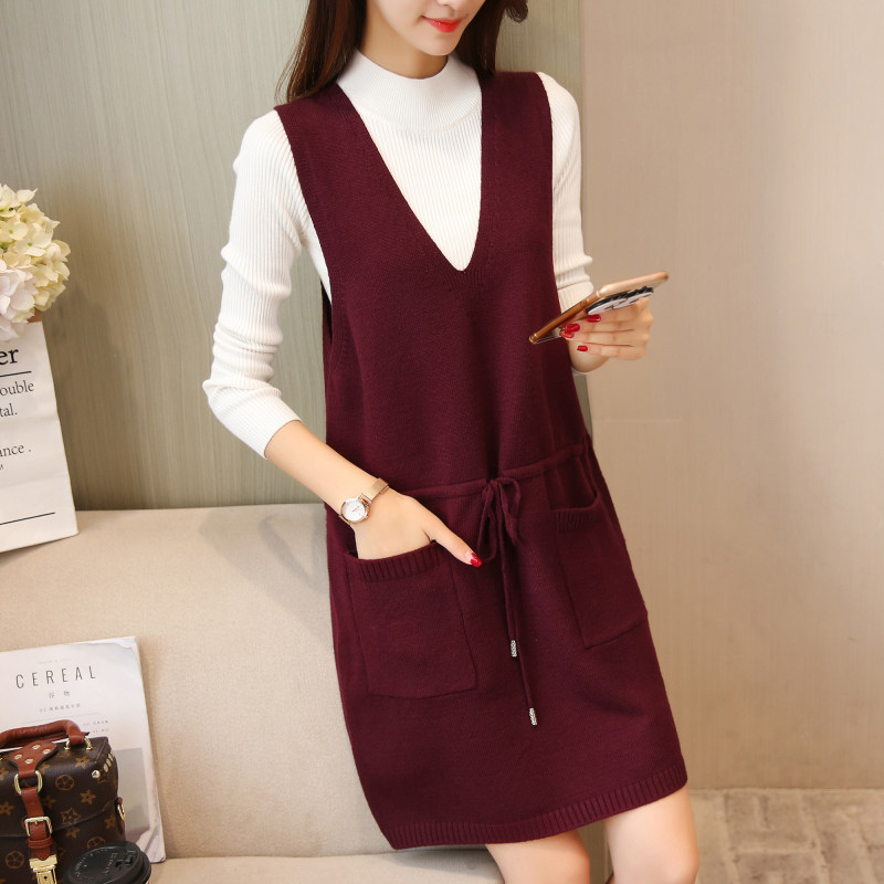 中长款秋装时尚针织毛衣打底衫女外穿洋气套装两件套马甲背心裙