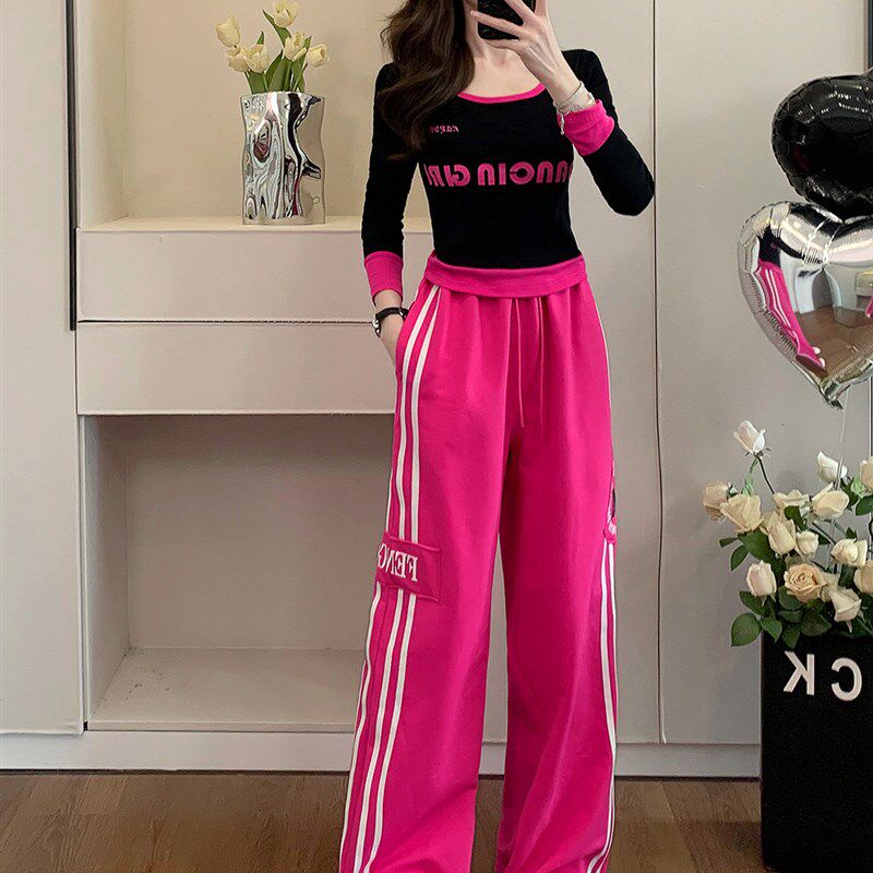 休闲短款长袖运动套装女春秋季新款时尚跳舞宽松显瘦阔腿裤两件套