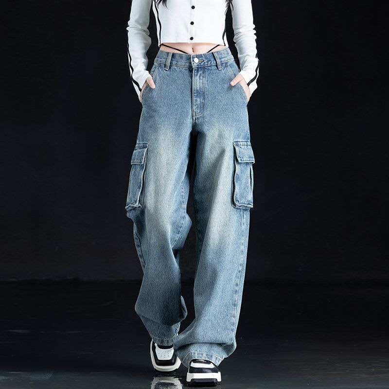 美式工装裤女2025新款春酷飒风直筒牛仔裤复古宽松口袋裤子阔腿裤
