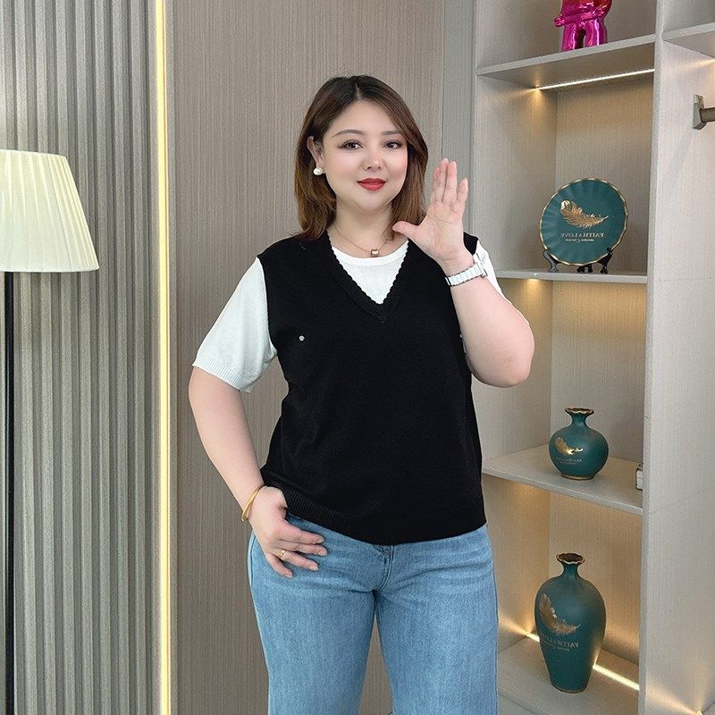 慵懒风设计感拼接假两件针织短袖t恤女夏季大码韩系花边减龄上衣