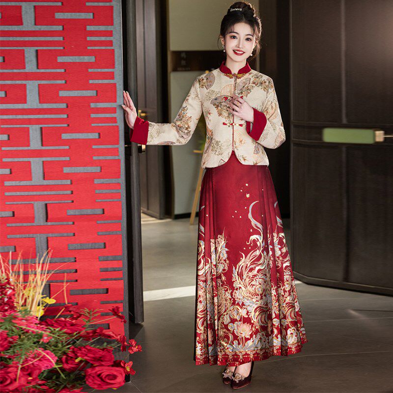 新中式红色马面裙套装冬季敬酒服新娘订婚礼服过年拜年服女小个子
