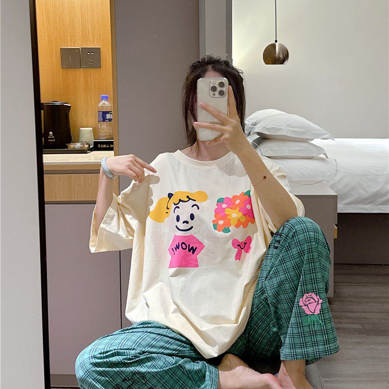 网红短袖睡衣女夏可爱女孩印花家居服大码胖mm200斤格子长裤套装