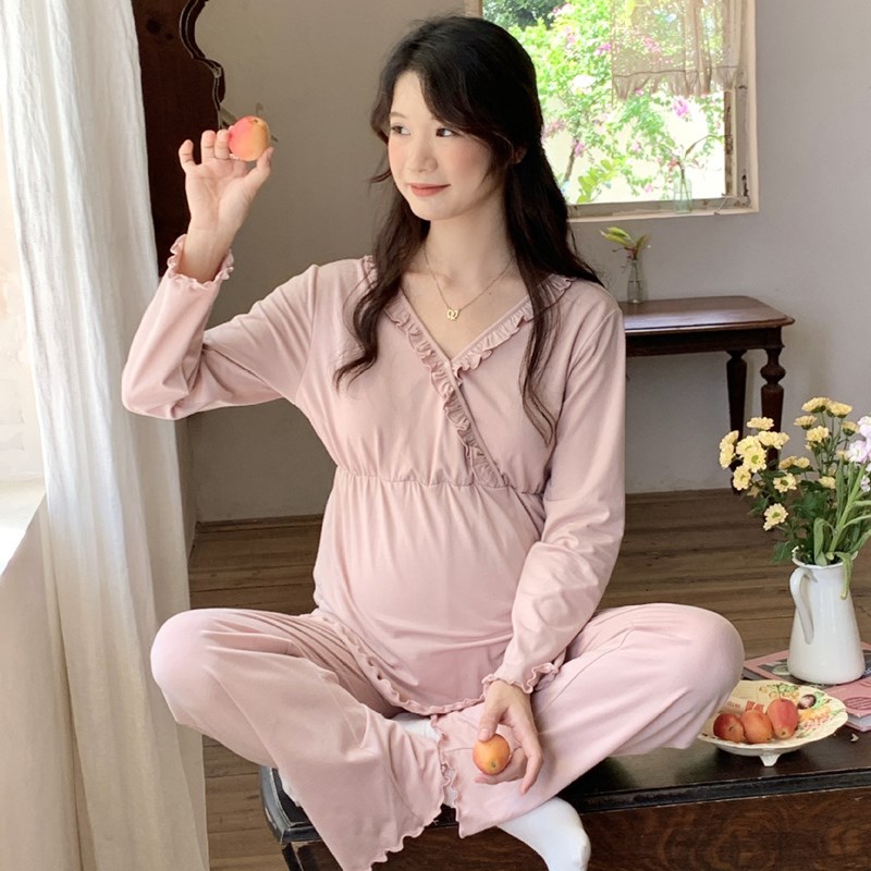春秋纯棉带胸垫月子服秋衣秋裤套装纯色产后哺乳衣待产服孕妇睡衣