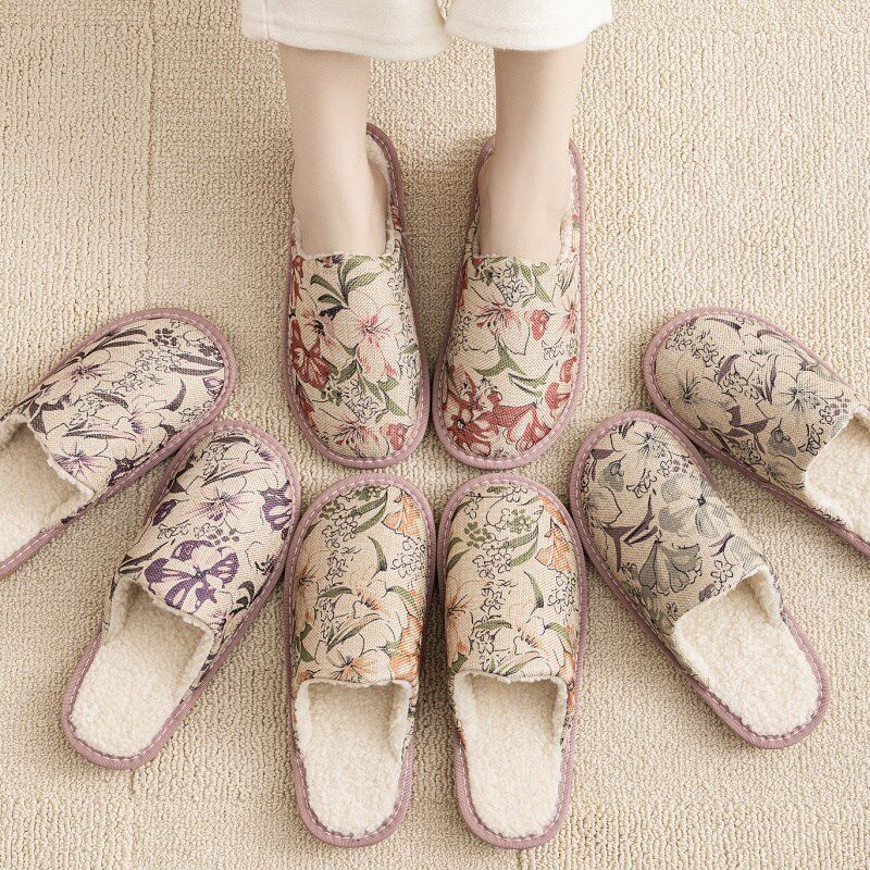 新款棉拖鞋国风保暖冬季麻布面居家用情侣不臭脚平软底防滑月子鞋