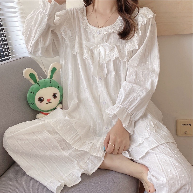 秋季大码女装胖妹妹mm宽松甜美蕾丝长袖睡衣两件套装可外穿家居服