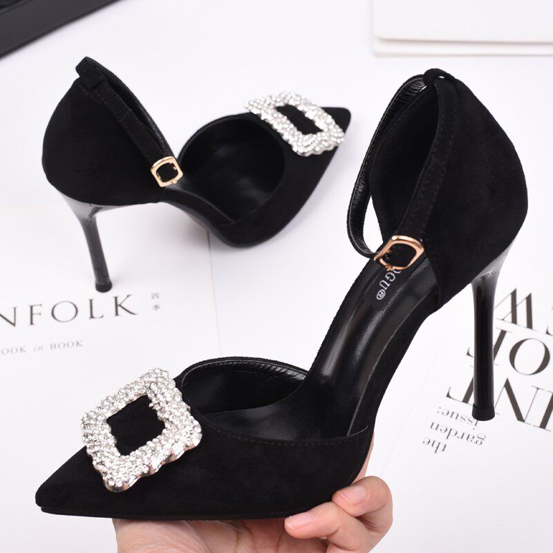 2021年春季韩版一字扣带方扣水钻百搭尖头女细跟高跟鞋单鞋女鞋