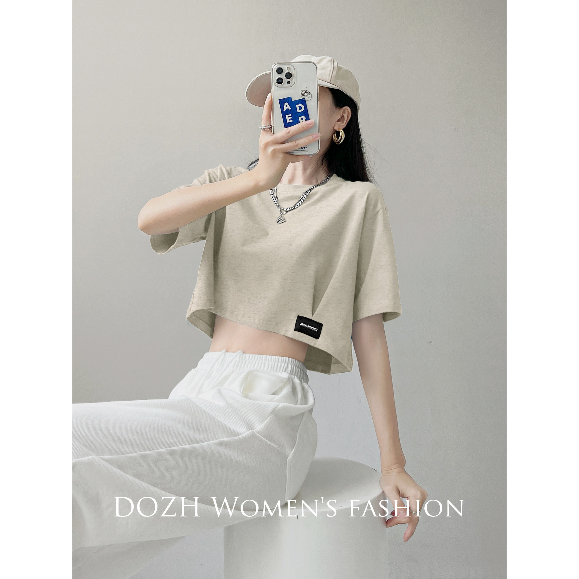 夏季米灰色短款宽松t恤女甜辣街头贴标露脐短袖半袖纯棉百搭上衣