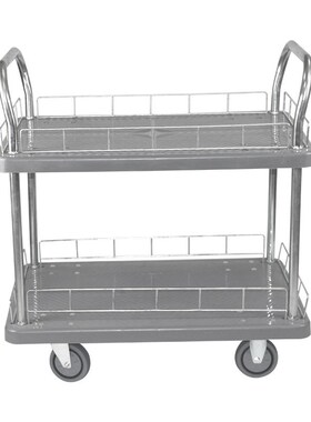 灰色双层塑料手推车仓库拉货车z多功能小推车家用平板车带护栏推