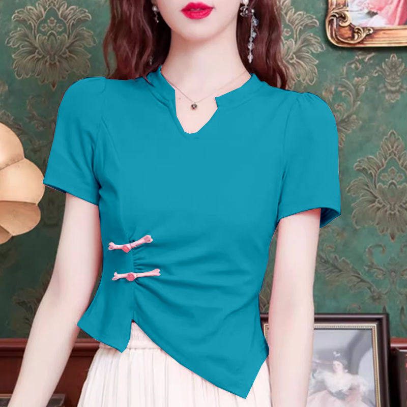 不规则收腰短袖t恤女夏季新款小个子百搭短款小衫纯色v领正肩上衣