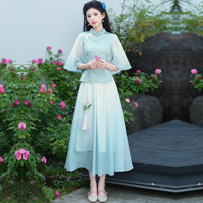 民国风复古女装两件套汉服禅意连衣裙茶艺服装新中式改良旗袍茶服